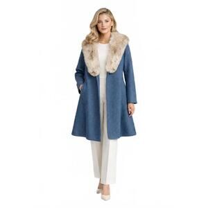 Vintage Blue Wool Pea Coat with Fur Collar